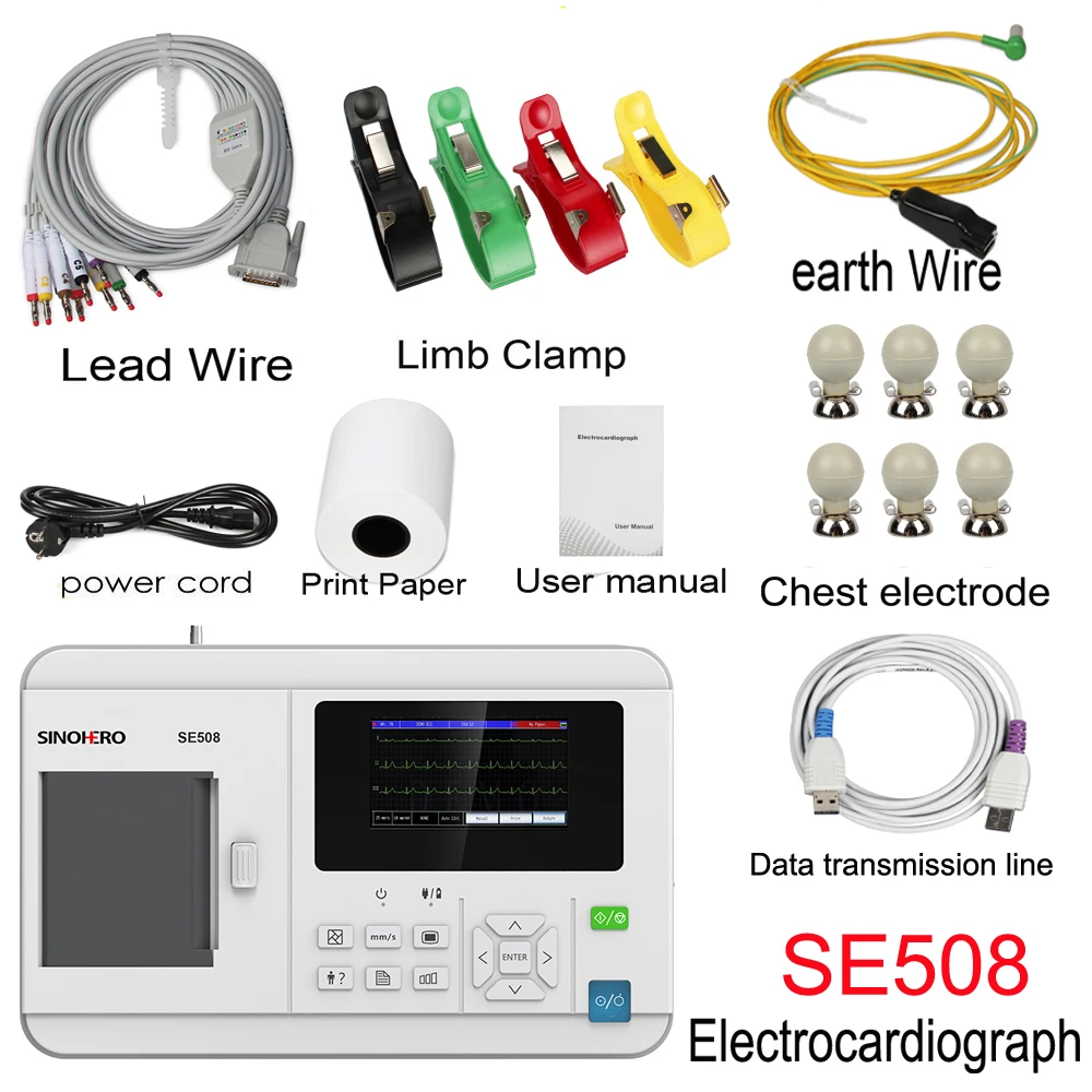 ECG Machine HD Touch Screen Electrocardiograph Portable 12-lead EKG Cardiac Monotor Multi-language +Printing