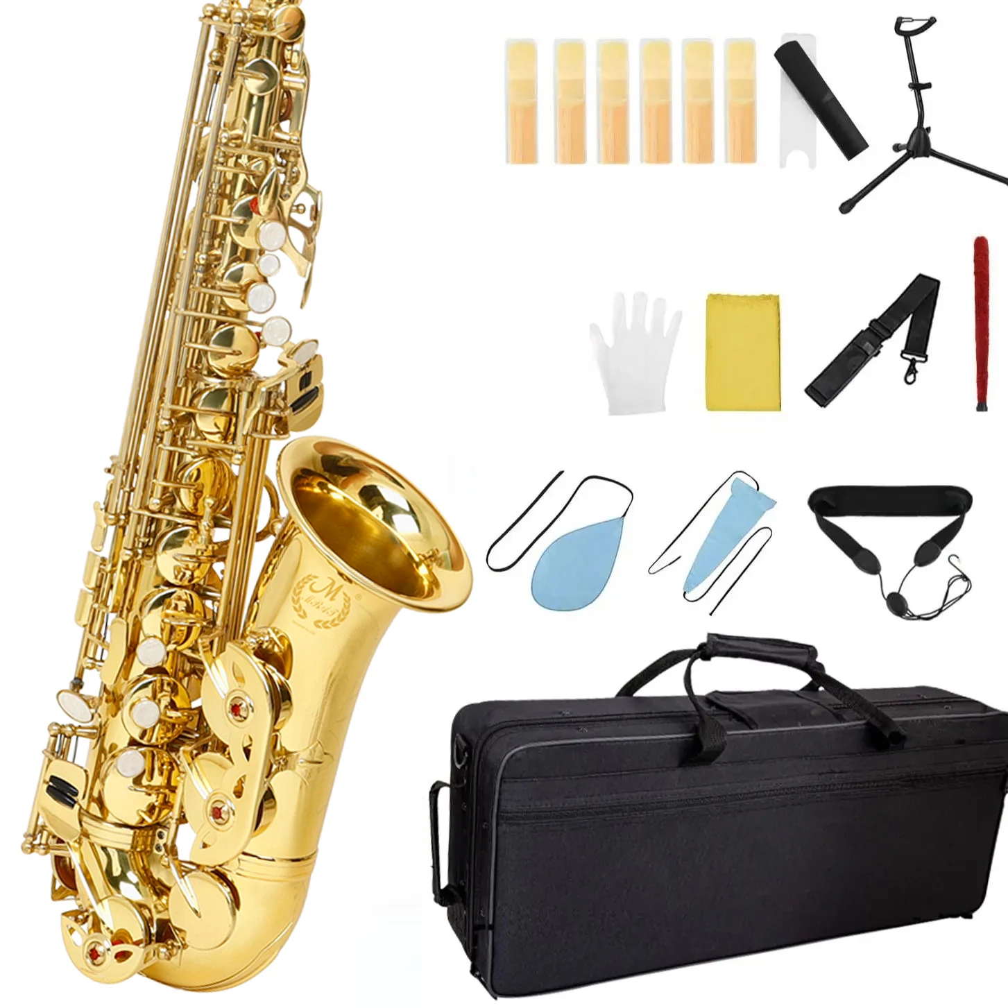 

M MBAT Gold Alto Saxophone Set Professional E flat Alto Saxophone with Case Wipe Mouthpiece Neck Strap Bracket Complete Set Kit