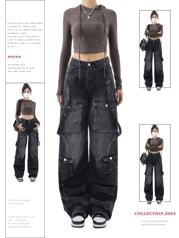 

Women Black Gothic High Waist Cargo Jeans Vintage Korean Fashion 2000s Y2k Cowboy Pants Harajuku Wide Leg Denim Trousers Clothes