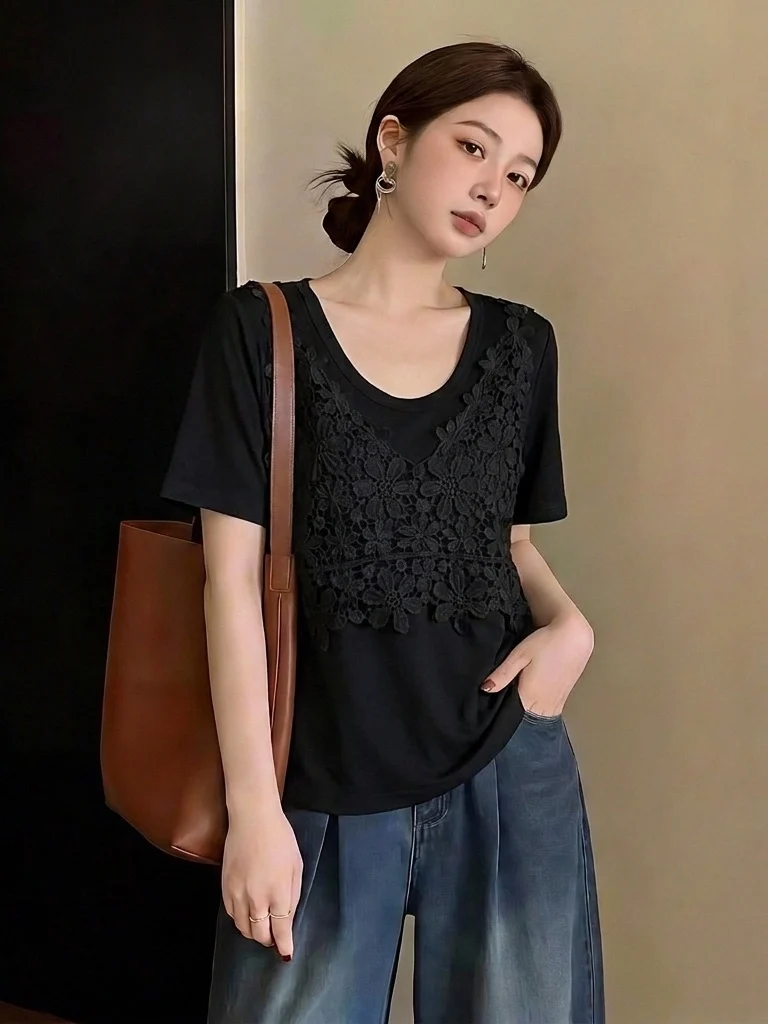 Light Blue Crochet Hollow out Short Sleeve T-Shirt Women's Summer New plus Size Big MM Fake Two-Piece Top Korean Style Loose Fit