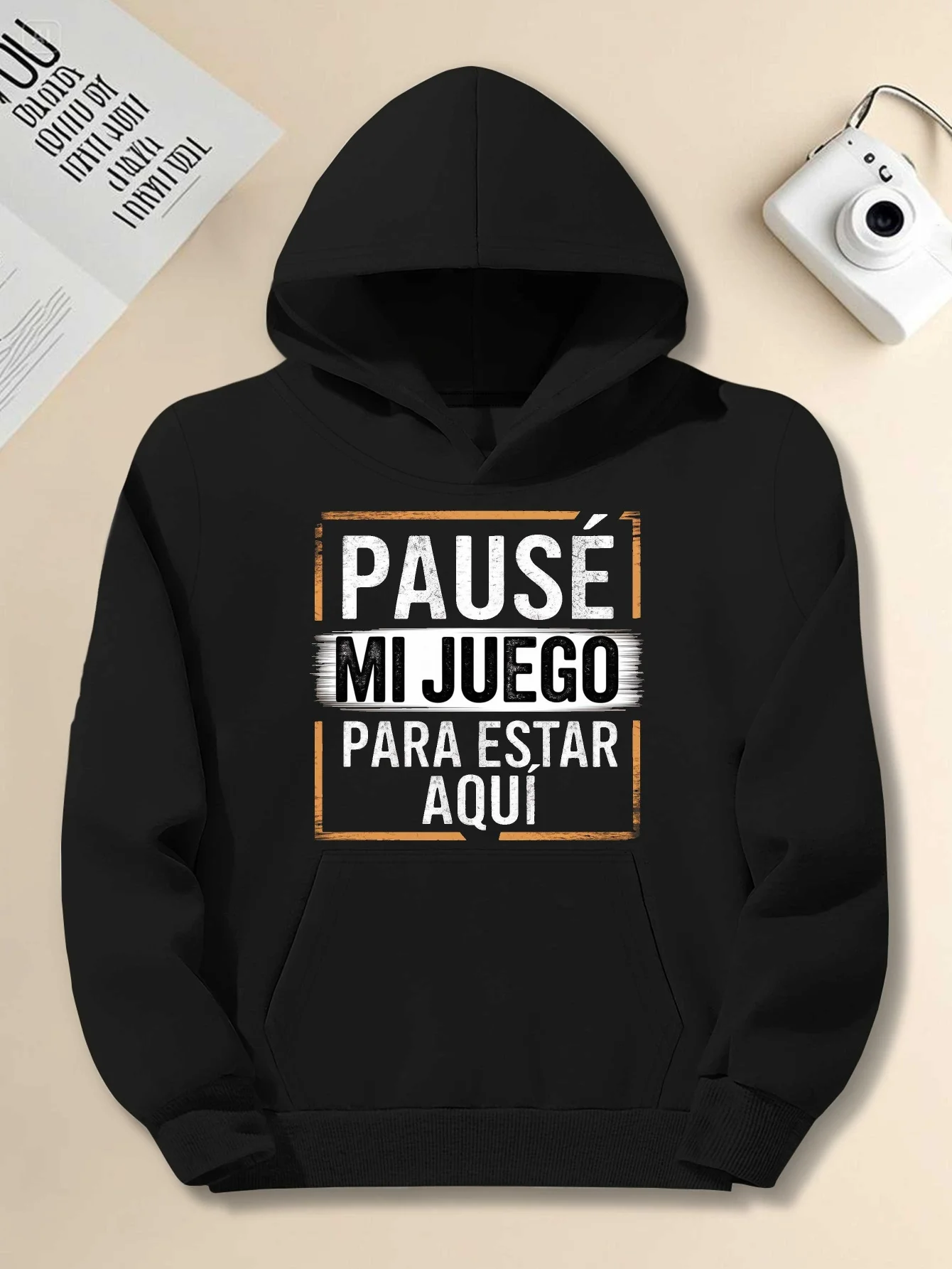 

Men's Game Hoodie - Pause My Game Spanish - Black and Orange Printed Loose Fitted Hooded Sweatshirt