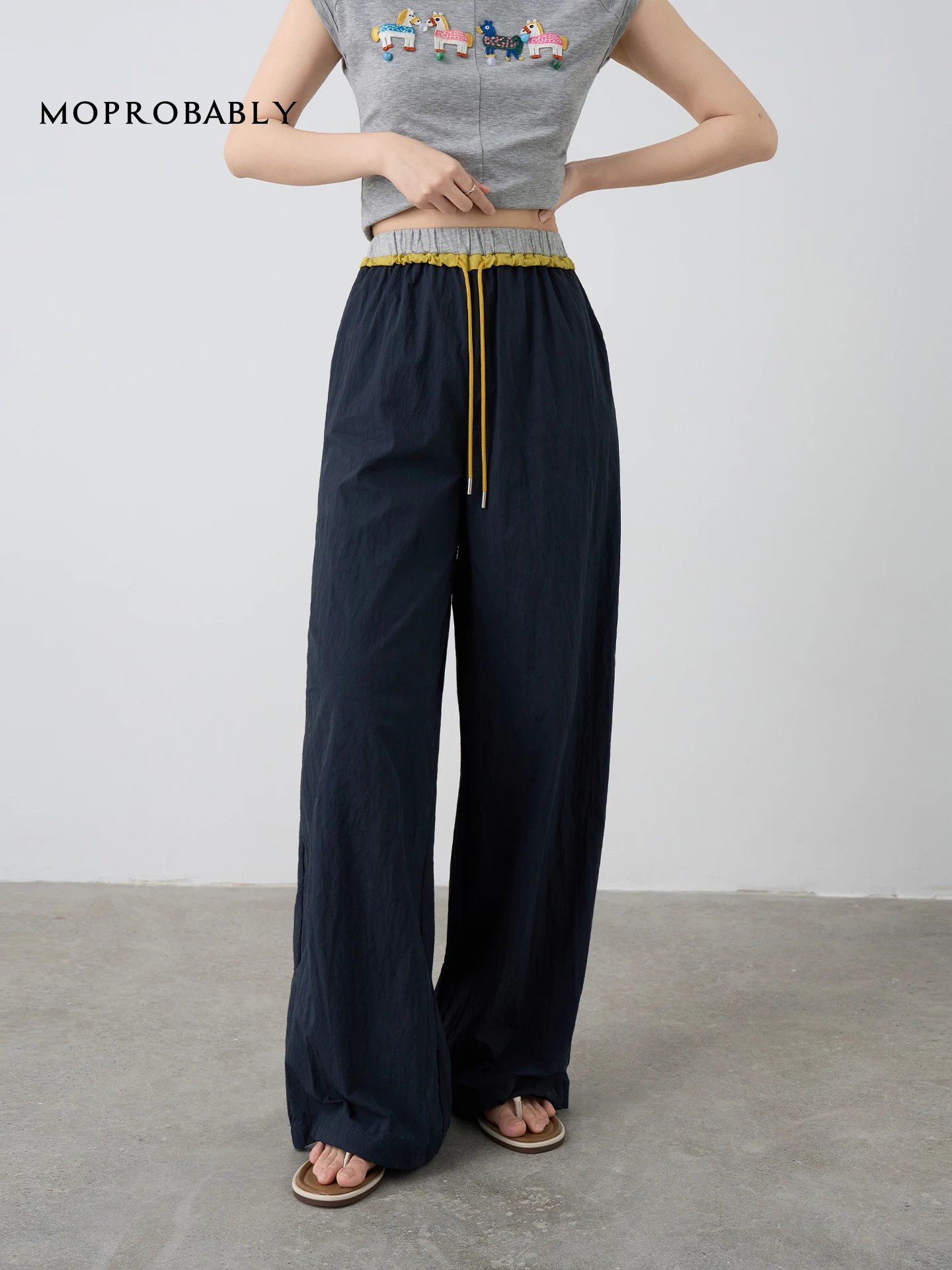 

Loose Straight Leg Casual Pants Women's Wide Match Color Blo Sensation Belt Cotton Nylon Blend Long Trousers