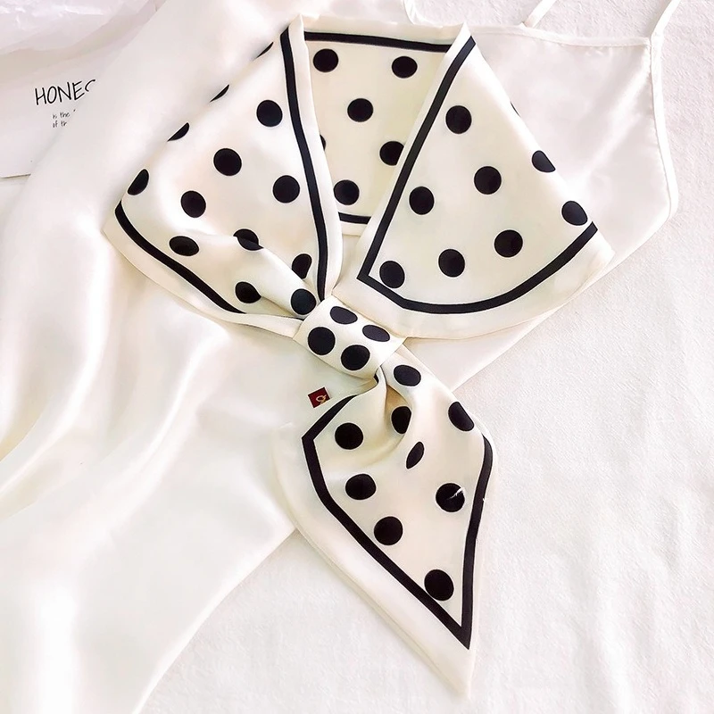 Korean Polka Dot Silk Scarf with Decorative for Women, Lightweight Versatile Bandana Style, Daily Office Party Vacation Boho