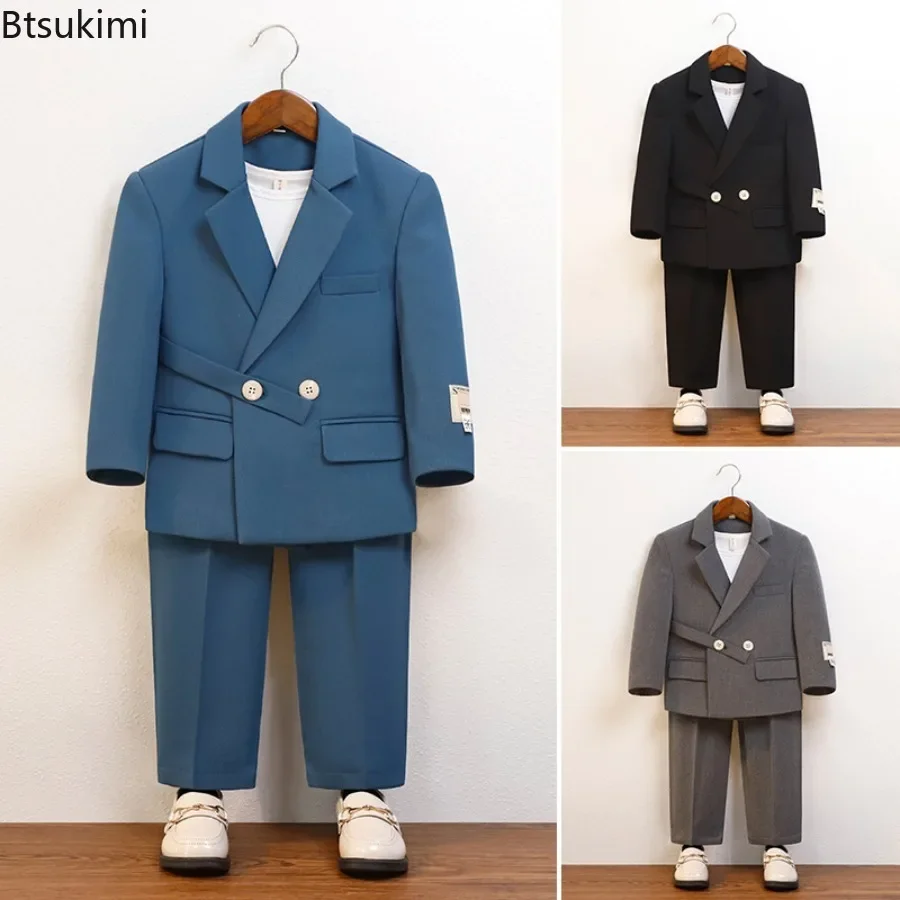 New Boys Spring Autumn Jacket Pants 2PCS Clothing Set Kids Formal Black Host Piano Performance Suit Children's Photography Sets