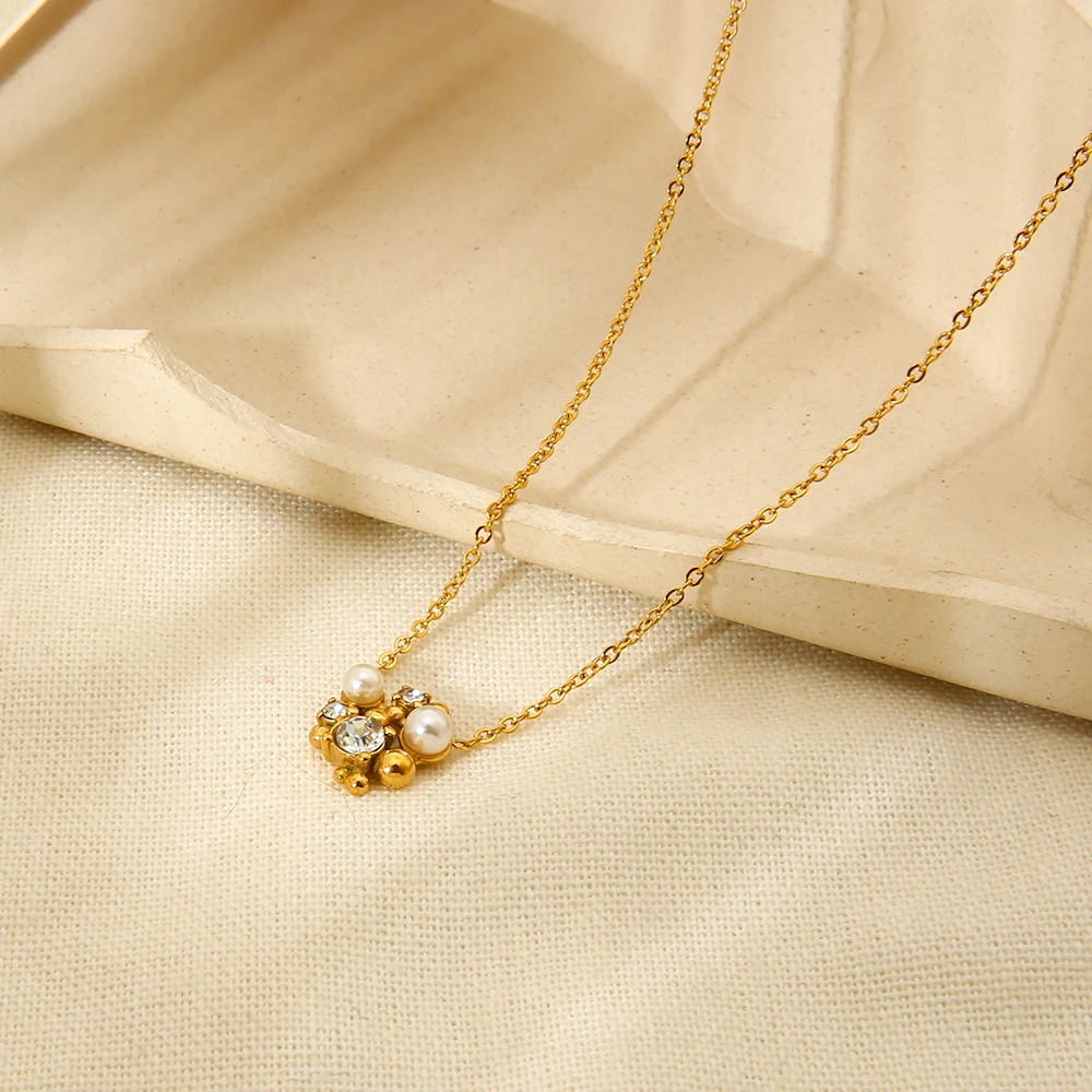 Minimalist Rhinestones Pearl Flower Stud Earrings Stainless Steel 18K Gold Plated Flower Pendant Necklace for Women Gift