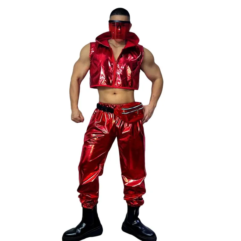 ヒップホップジャズパフォーマンス衣装レッドレザーベストパンツセットステージウェアナイトクラブバーゴーゴー男性ストリートダンスコスチュームダンサーグループ