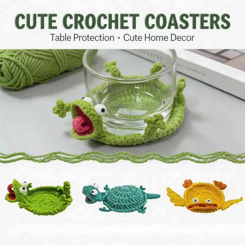 3D Crochet Lizard Coaster Fun Handmade  Animal Cup Mat DIY Knitted Drink Coaster for Household Tabletop Decoration Home Decor