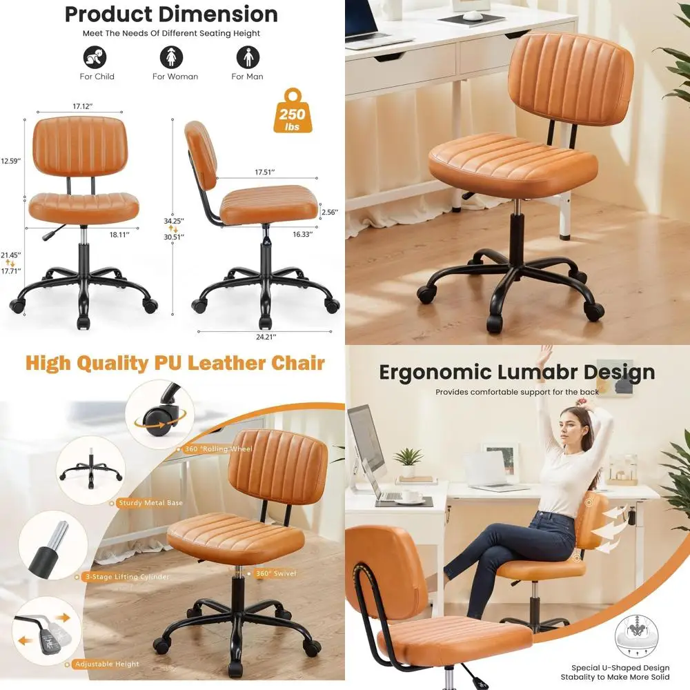 

Компактное офисное кресло без подлокотников из искусственной кожи на колесиках, удобное поворотное рабочее кресло бежево-белого цвета для дома и кабинета