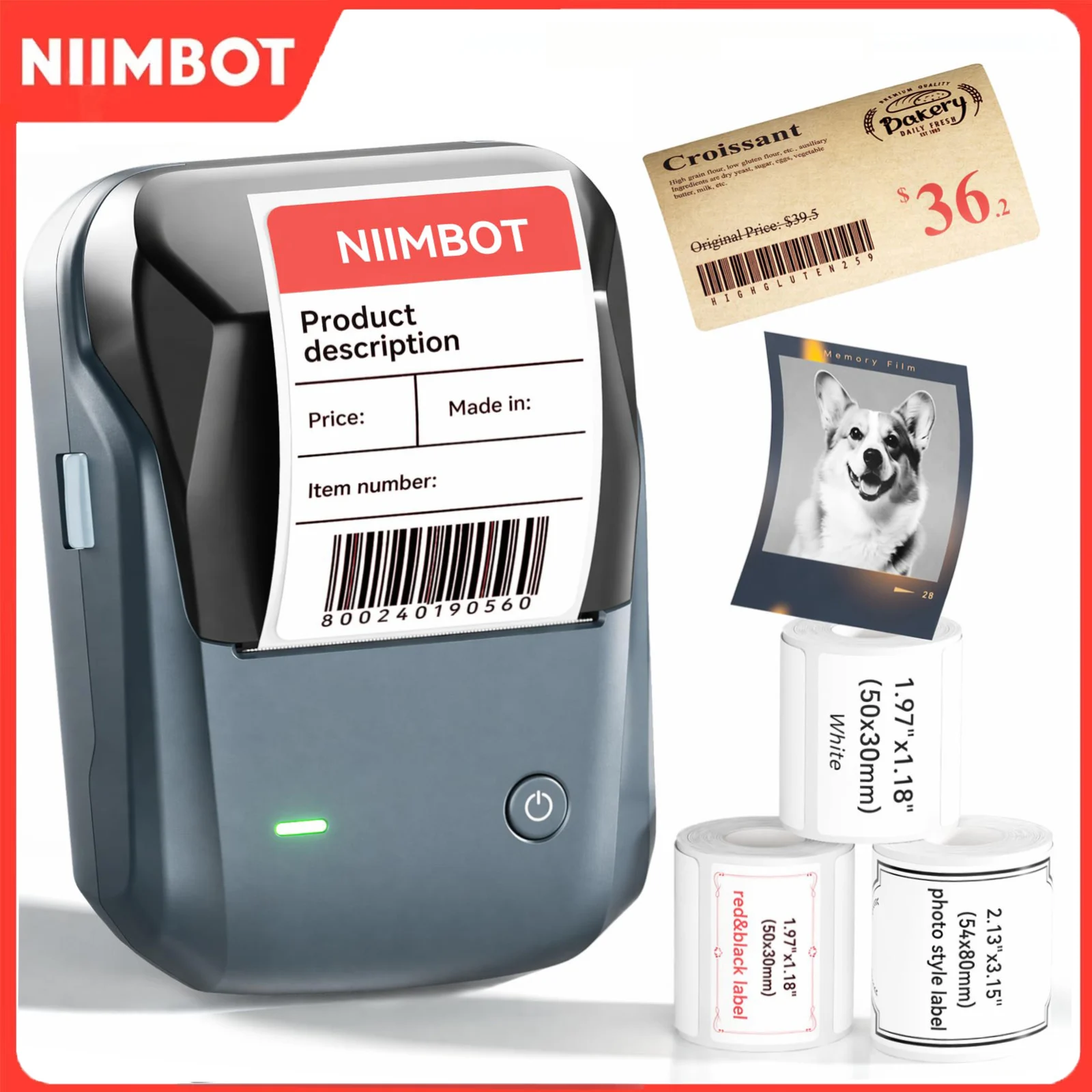 Niimbot B1Pro/B1 Label Maker, 300DPI/203DPI HD Portable Thermal Label Printer Red & Black Printing, 20-50mm Bluetooth Adhesive Photo Sticker Barcode QR Code Printer For Home Office Small Business
