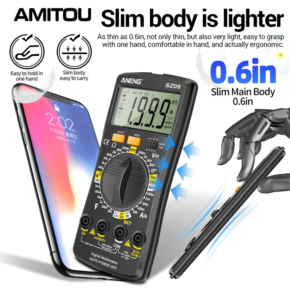 AMITOU SZ08 multímetro Digital profesional, Detector de voltaje sin contacto, medidor de corriente CA/CC, herramienta de prueba eléctrica para electricista