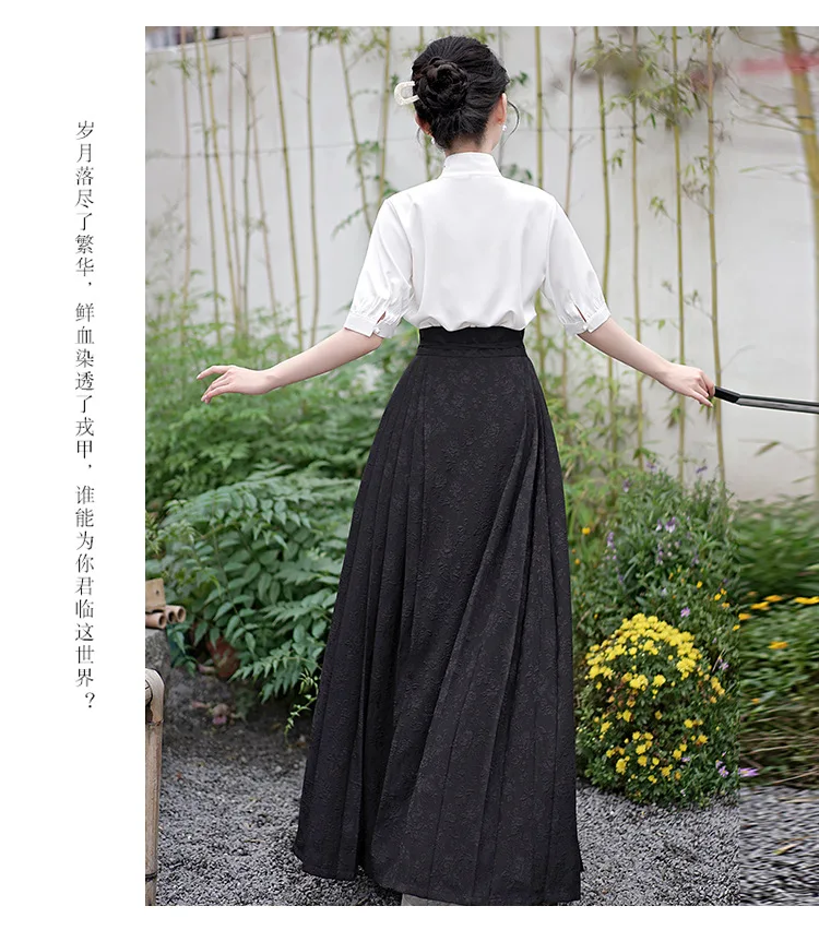 تنورة وجه حصان هانفو للسيدات جديدة لعام 2025 زي هانفو الصيني التقليدي بياقة واقفة تنورة كلاسيكية بطيات باللون الأسود #2