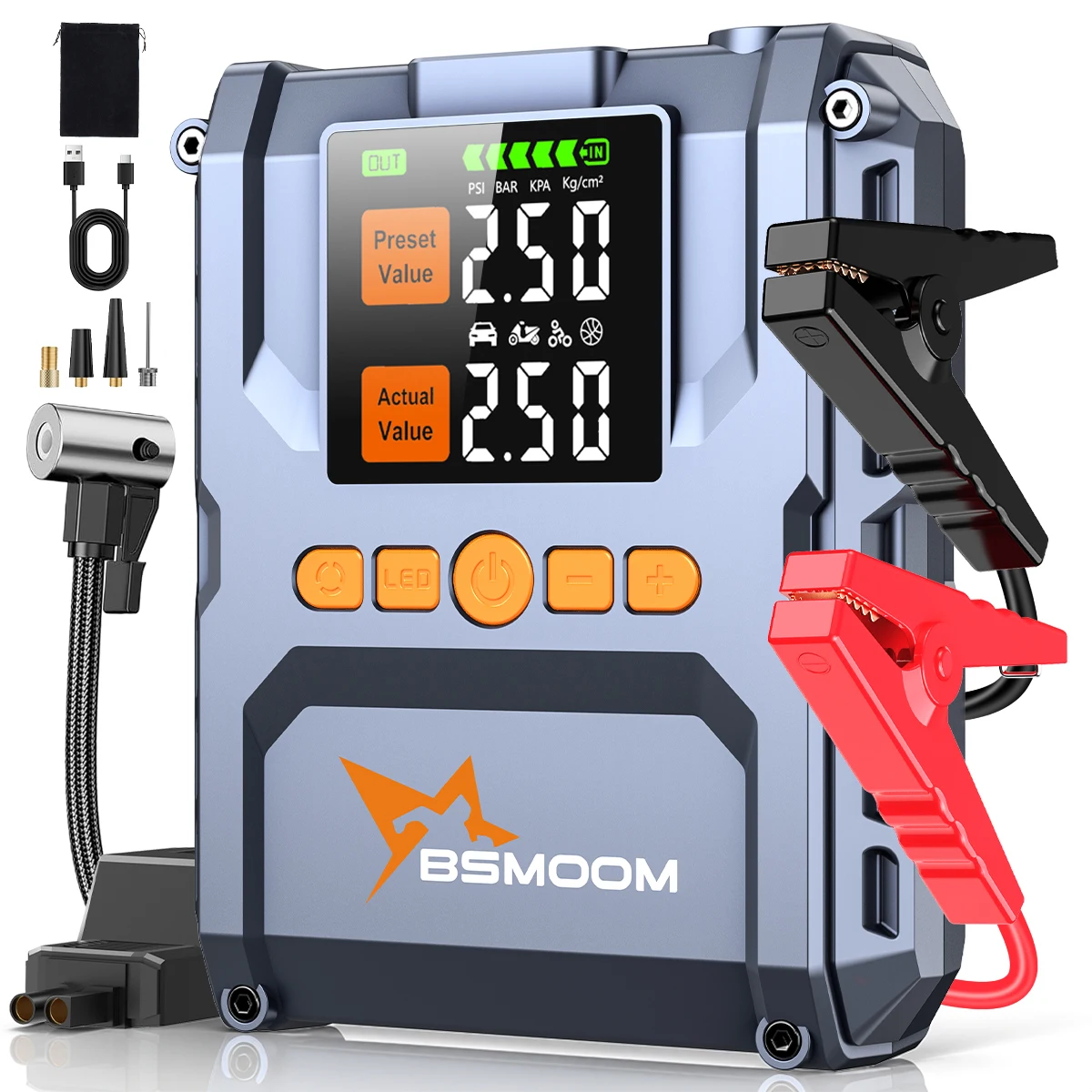 Tragbarer Auto-Starthilfegerät mit Luftkompressor, 1500A 25000mAh Tragbare Starthilfe-Box, Powerbank & Starthilfekabel für 10L Benzin und 8L Diesel
