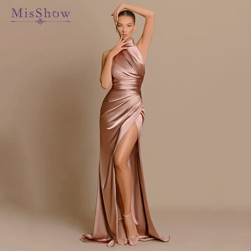 MisShow Elegant Halter Neck Mermaid Prom Dresses with Split 2024 Women's Pleated Satin Long Formal Evening Party Gowns