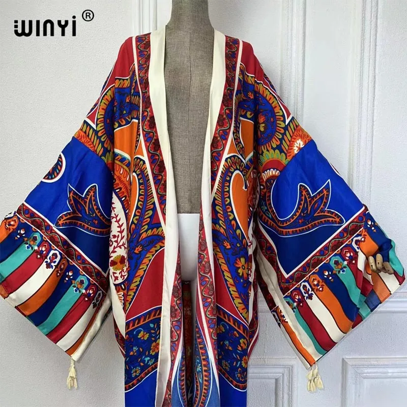 Winyi Zomer Nieuwe Boho Print Strand Cover Up Zwempak Elegant Afrikaanse Vrouwen Vest Sexy Vakantie Lange Mouw Kimono Maxi Jurk