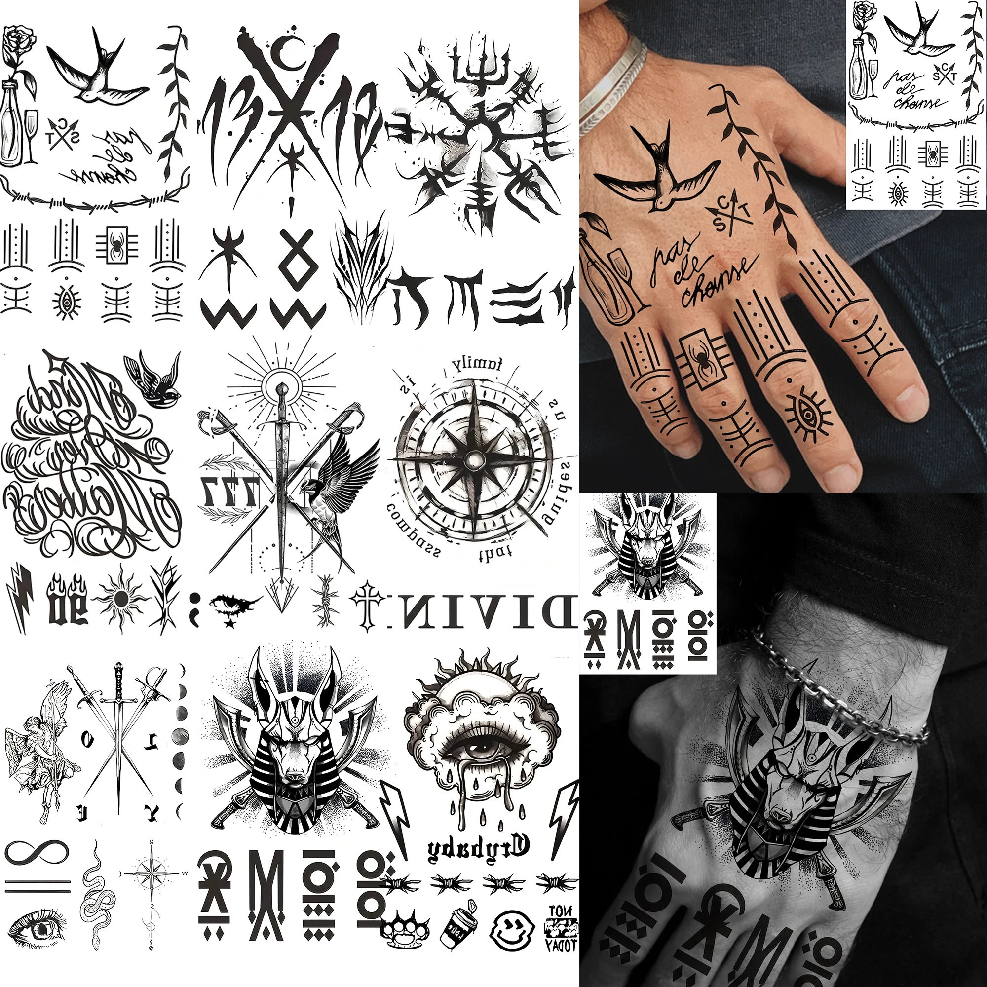 1 Sheet Sexy Eye Compass Sword Temporary Tattoos For Adult Hands Neck, Fake Tattoo Stickers Waterproof Realistic Tatoo Last Long