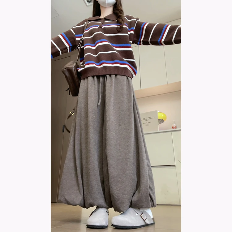 Корейская свободная трикотажная коричневая юбка с рисовым тортом, брюки, женские осенне-зимние брюки с высокой талией, девять очков, пушистая юбка с бутоном цветка