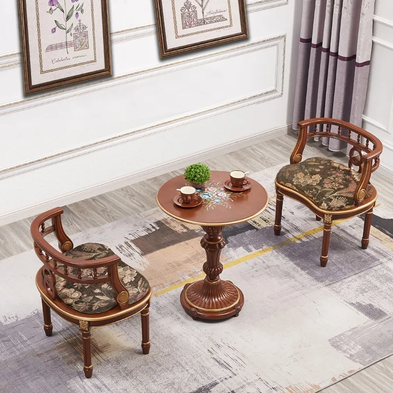 Supreme American solid wood sofa chair combination living room balcony hand-painted rose round table back chair wood color one t