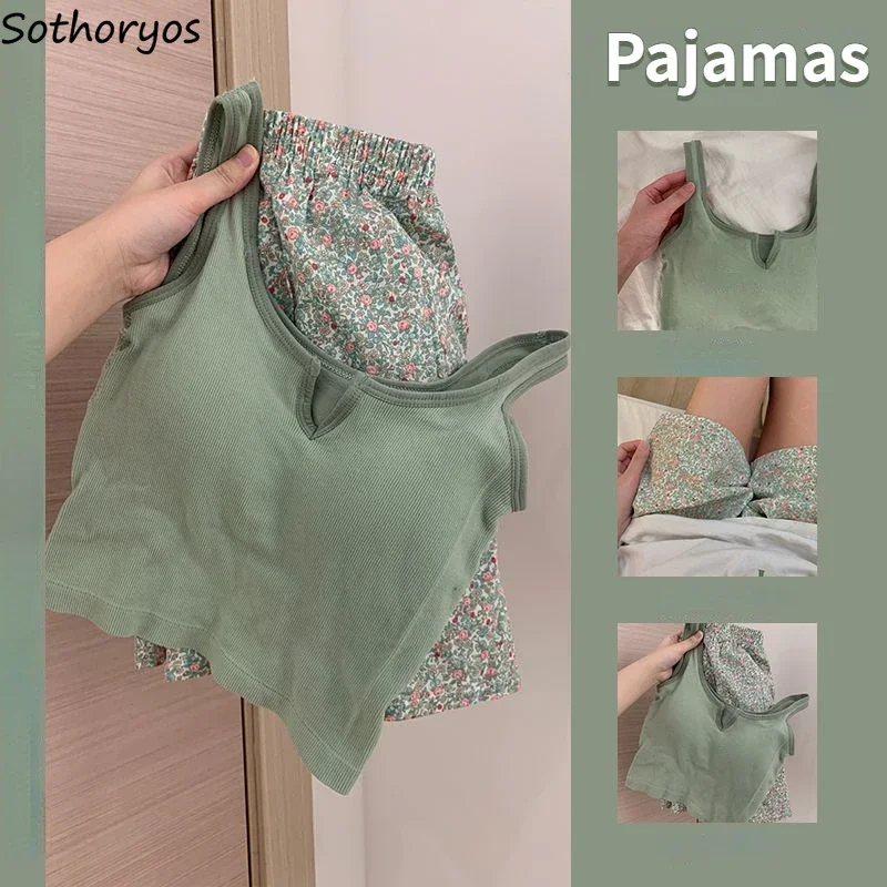 Two Piece Pajama Sets Women Summer Sleeveless Tops Sweet Floral Shorts Cool Simple Japan Style Girlish Leisure Popular Sleepwear