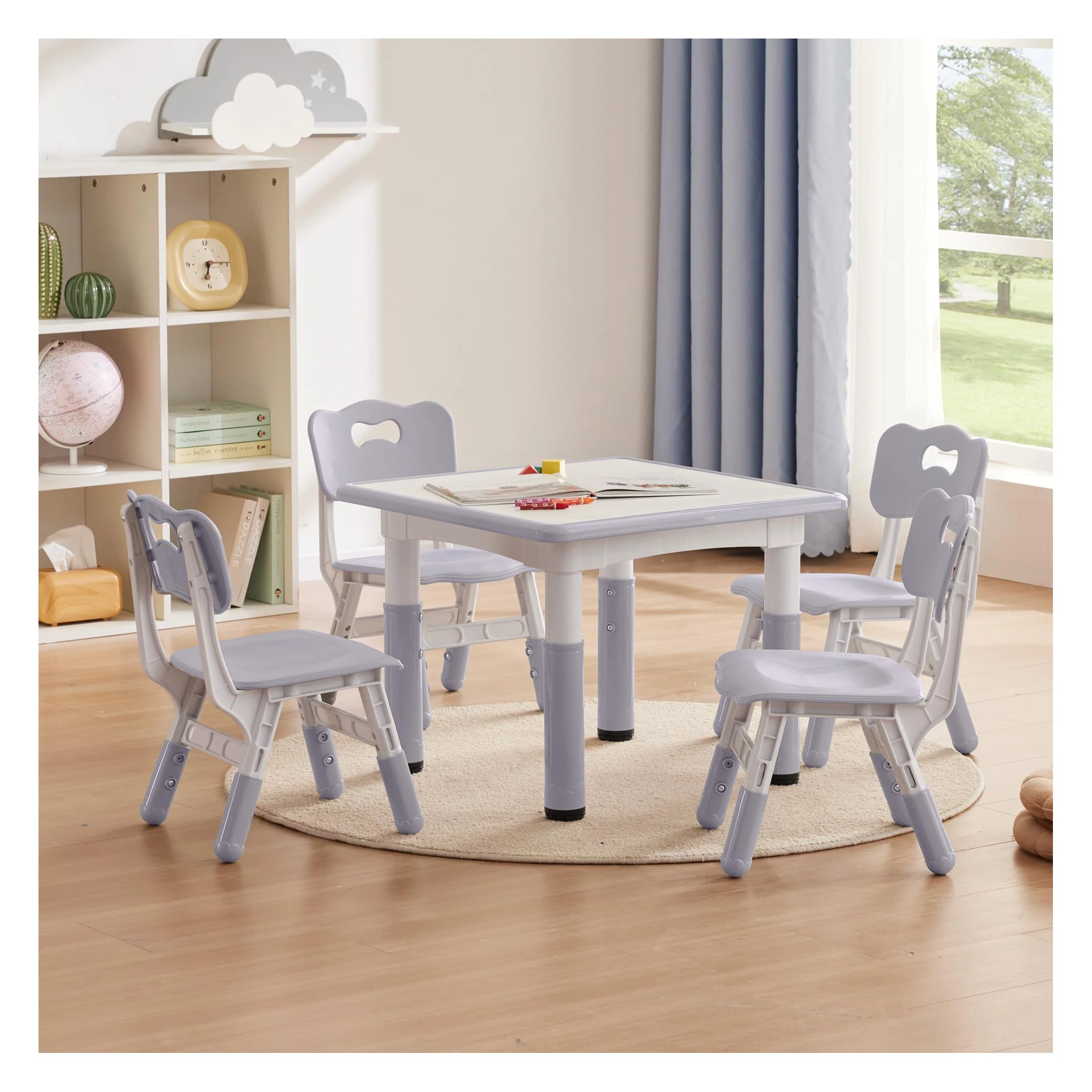 

Custom 60*60cm Wood Plastic Table and Chair Set,Kids Daycare Furniture Graffiti Desk Adjustable Height 1 Table and 4 Chairs