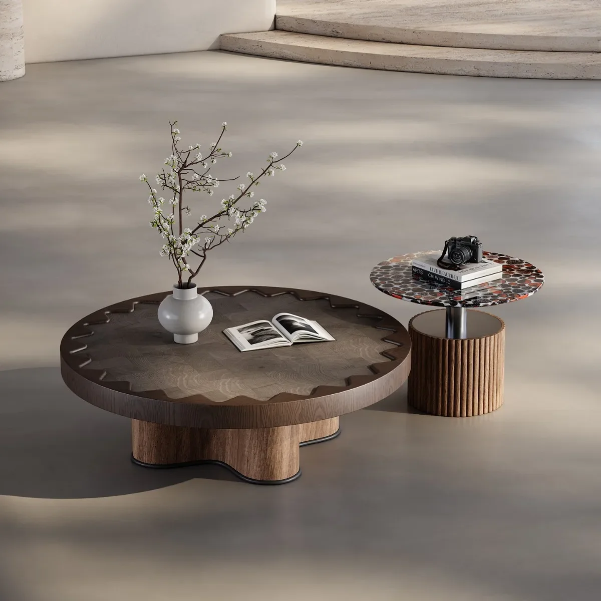 Medieval style round coffee table high sense retro art Italian style