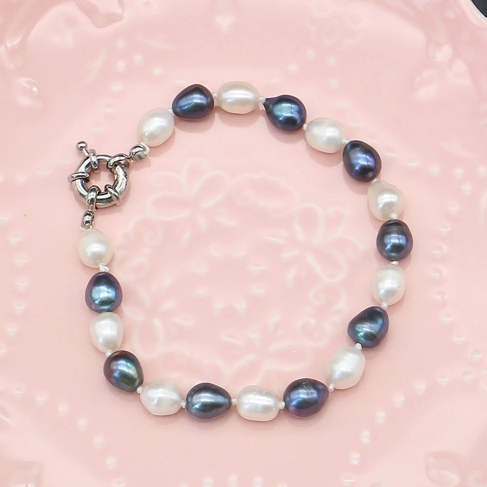 6-7mm Natural Freshwater Baroque Pearl Bracelet Mix-color Rice Pearl Straight Holes Beaded Jewelry 1 Strand Party Birthday Gift