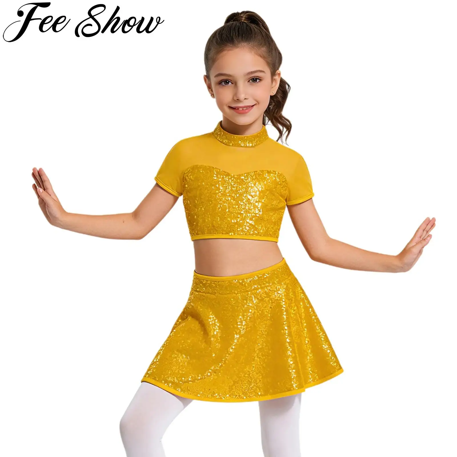 Kids Girls Metallic Shiny Jazz Dance Outfit Short Sleeves Mesh Sequin Crop Tops with Skirt Cheerleading Ballet Gymnastic Costume