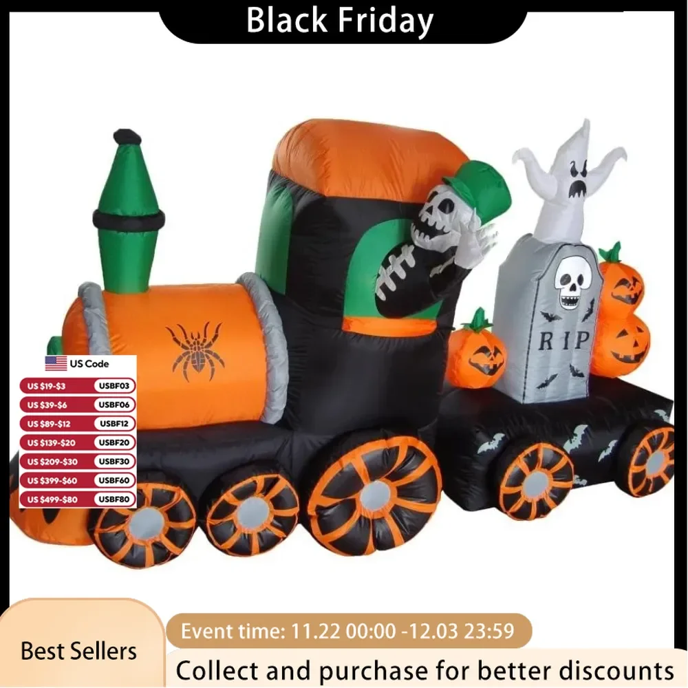 Halloween Inflatable Skeleton on Train Ghost Tombstone Pumpkins Holiday Decorations, Blow up Lighted Yard Party Favor Decoration