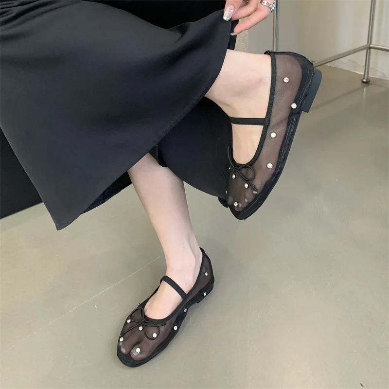 Mesh Mary Jane Shoes Women Sandals Ballet Flats Round Toe Rhinestone Crystal Black White Summer Elegant Casual Woman's Shoes
