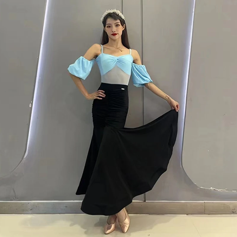 Ballroom Dance Performance Costume Blue Off-Shoulder Tops Fish Tails Skirt Waltz Dance Clothing Women Tango Dance Dress DL11371