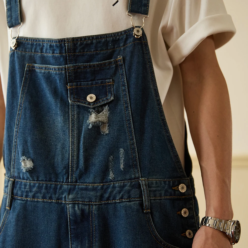 الرجال ممزق الدينيم مريلة وزرة ثقوب عادية المتعثرة الأزرق دنغري جيوب البضائع الجينز ملابس العمل المآزر