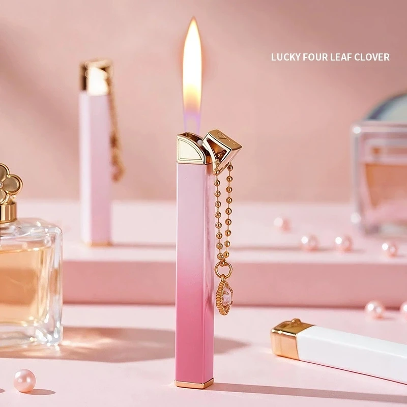 New fashionable hanging chain slim inflatable lighter metal mini women's open flame outdoor portable cigarette lighter gift