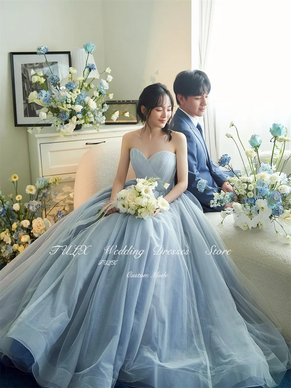 TULX fée robe de soirée en Tulle scintillant corée séance Photo de mariage bleu chérie plissée longue robe de soirée de mariée Corset personnalisé