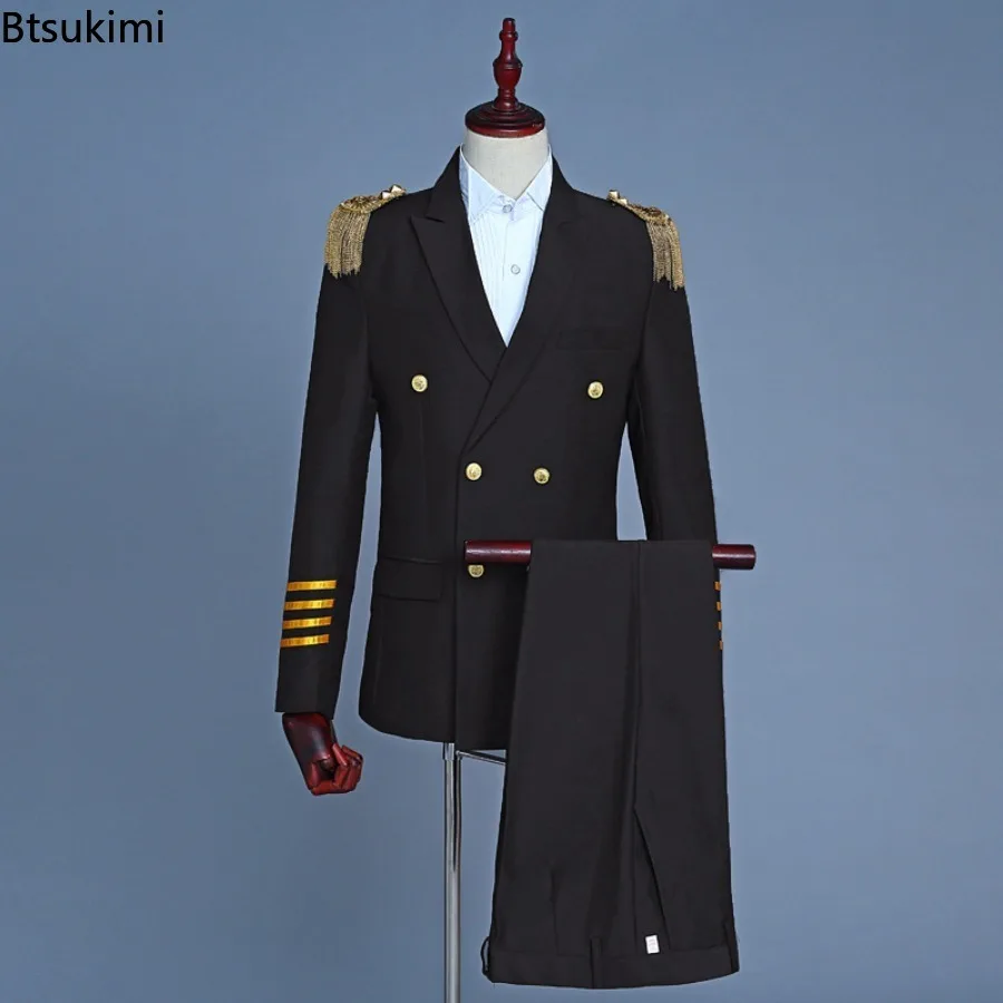 Airline Captain Uniform for Men Party Career Day Dress Up Pilot Cosplay Costume Officer Work Clothes Two Piece Sets Jacket Pants