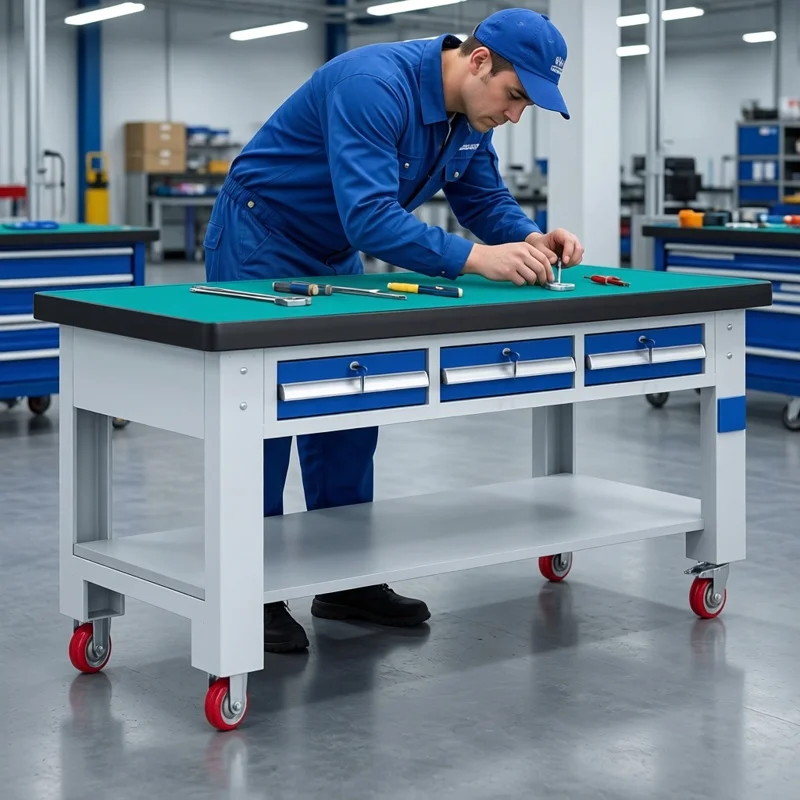 D19 - mobile heavy-duty workbench vise table with wheels for factory workshop repair, operation, mold assembly