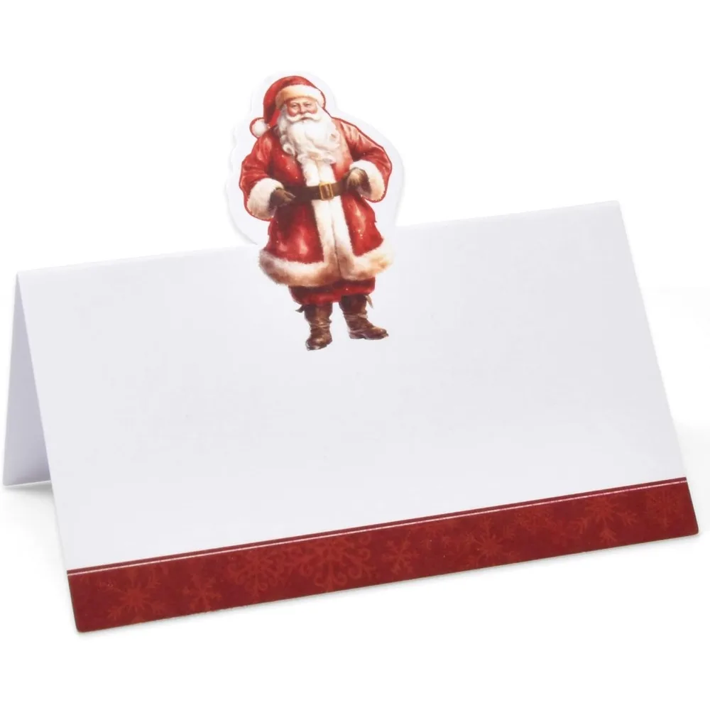 Boutique de regalo: paquete de 100 tarjetas de lugar navideñas, tarjeta de nombre para asientos navideños, troquelada, mesa de Papá Noel de Navidad, papel plegado, diez