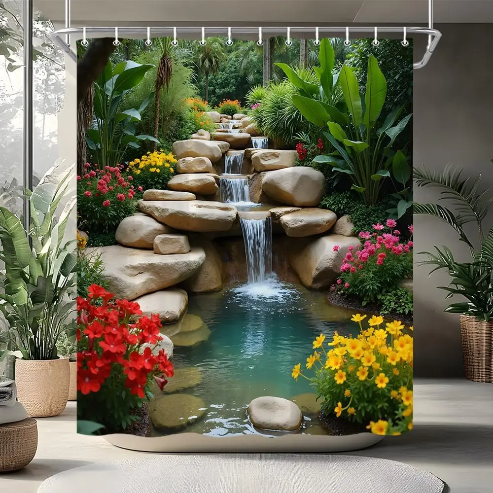 

Tropical Waterfall Shower Curtain Spring Garden Jungle Nature Landscape Forest Rainforest Flower Courtyard Bushes Plant Stream