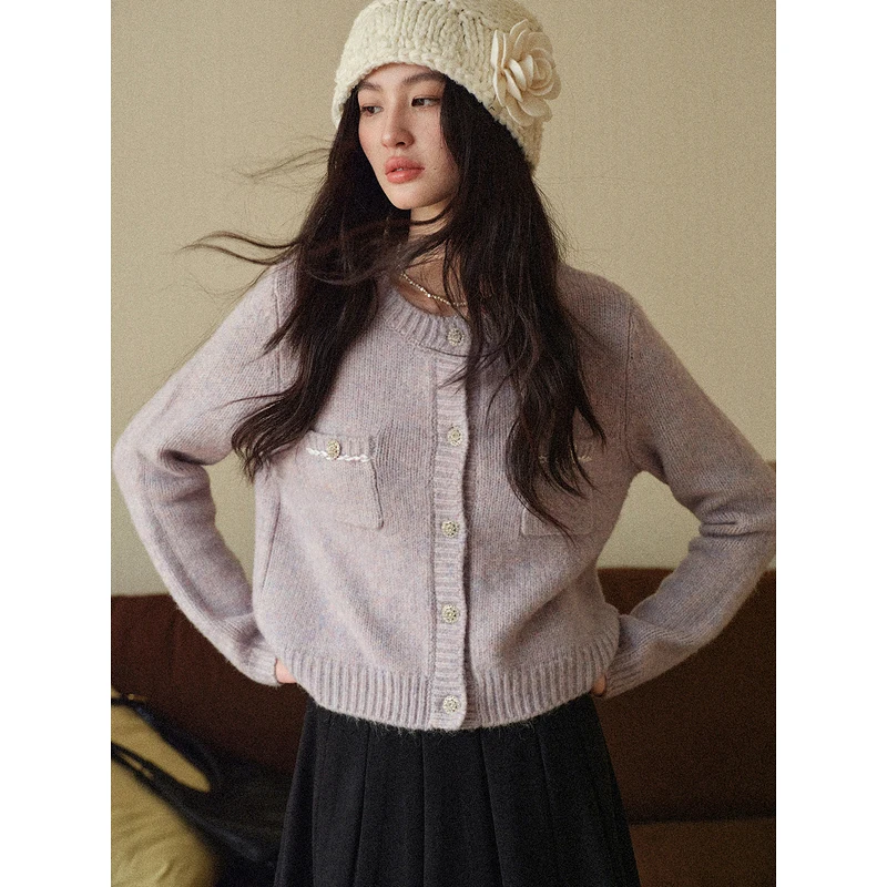 

ALXNAN Purple Short Knitted Cardigan Loose-fit Round Neck Chic Button Elegant Wool Sweater Fall New Women's Knitted Tops L578136