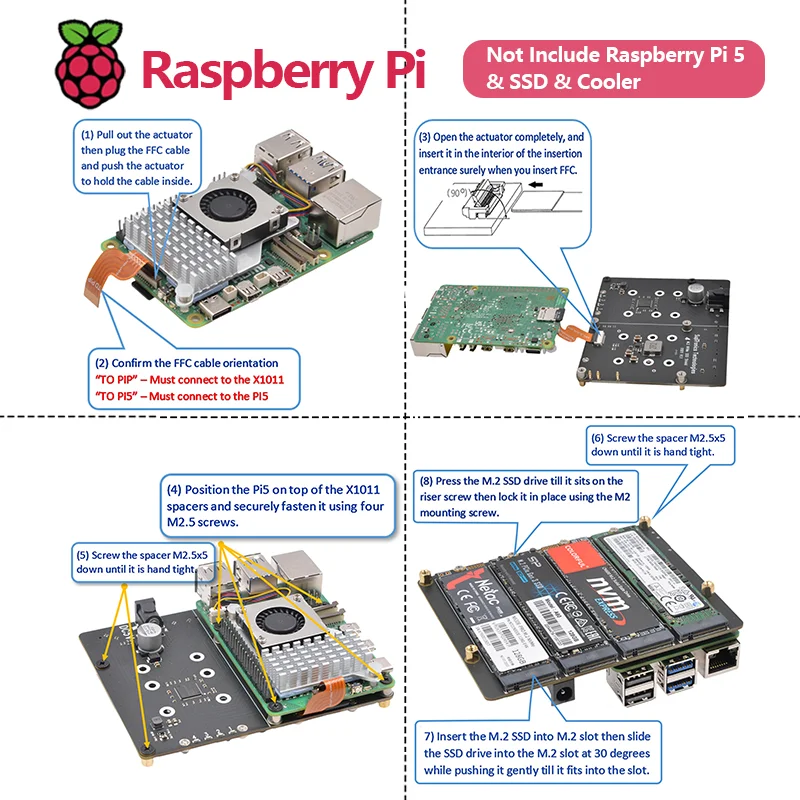 Geekworm X1011 PCIe to NVMe Shield support four 2280/2260/2242/2230 M.2 NVMe SSDs for Raspberry Pi 5
