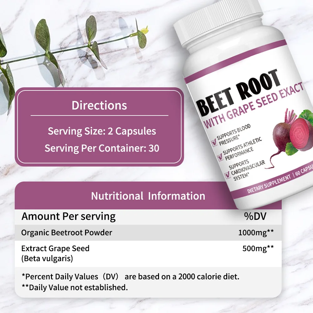 60-300Capsules Organic Beetroot Capsules 1000mg  with Grape Seed Extact Support Blood Circulation Heart Health