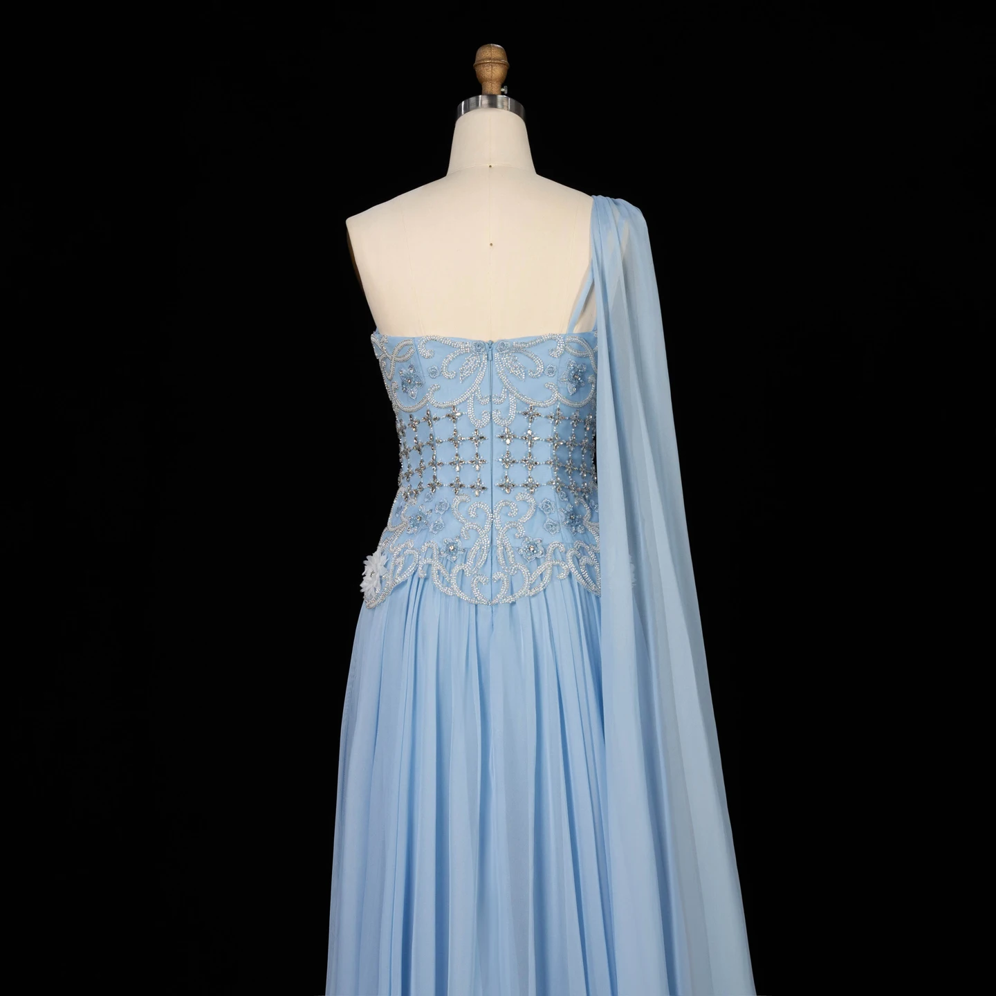 Sharon Said Elegantes Blaues Chiffon-Abendkleid, Einschultriges, Handbesticktes 3D-Blumenkleid für Hochzeitsfeier, SS285, Maßanfertigung – Detail 11