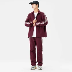 Autumn Classic Striped Two Pieces Set Students Waterproof Suit Men Stand Collar Top Casual Jogging Outdoor Sweatpants Couple2025