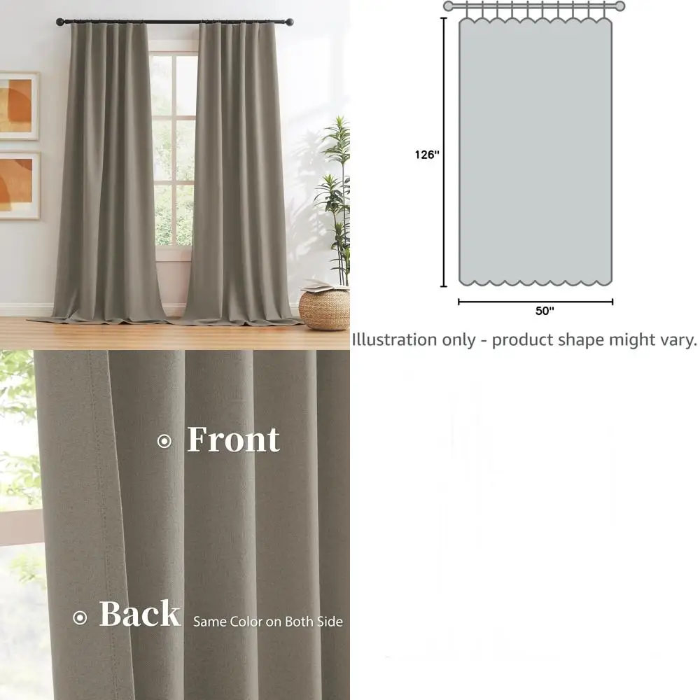 

126 Taupe Pleated Thermal Insulated Blackout Curtains, 50 Wide, 2 Panels for Tall Living Room Windows