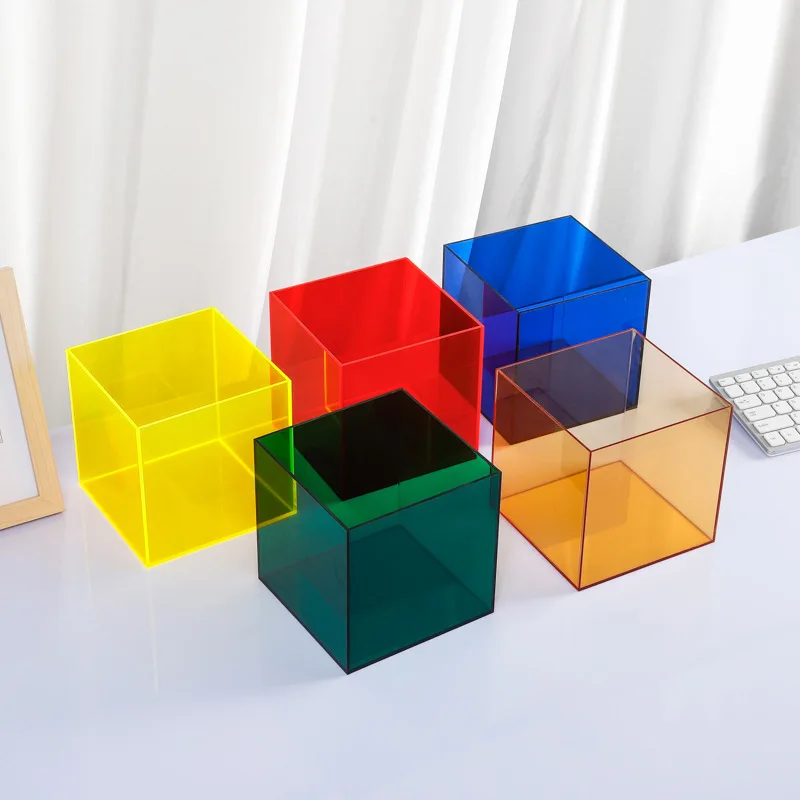 Color Acrylic Cube Display Stand Square Storage Box Tray Retail Shop Holder Pen Cosmetics Finishing Box Miscellaneous Organizer