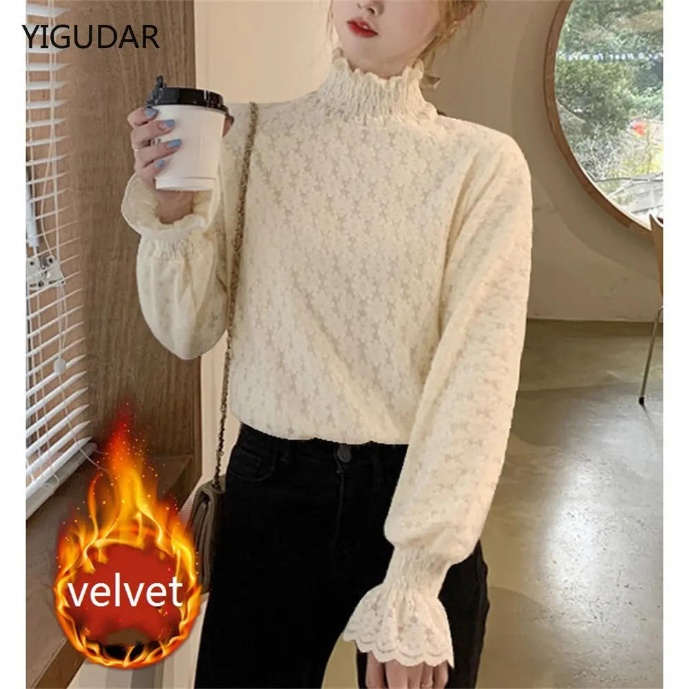 With velvet women long sleeve Women Blouse Autumn Winter Lace Long Sleeve Shirt Top Shirt Women Blusas Ropa De Mujer