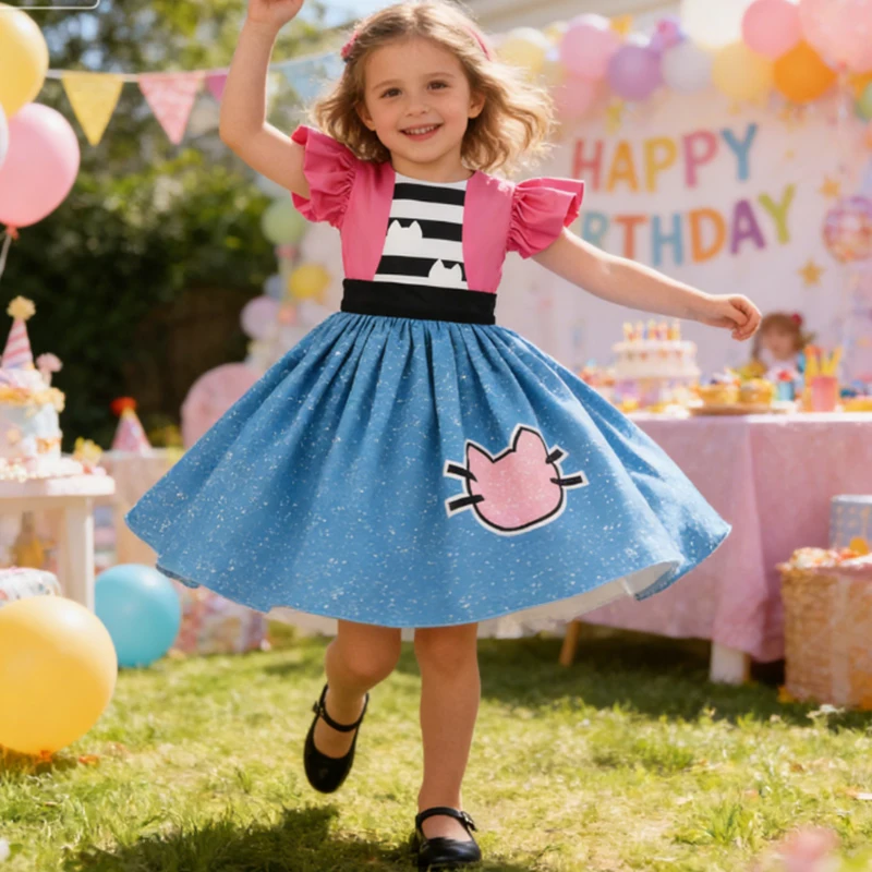 Halloween Costume Girl Cartoon Cats Carnival Cosplay Costume Birthday Party Disguise Summer Fancy Printed Striped Princess Dress