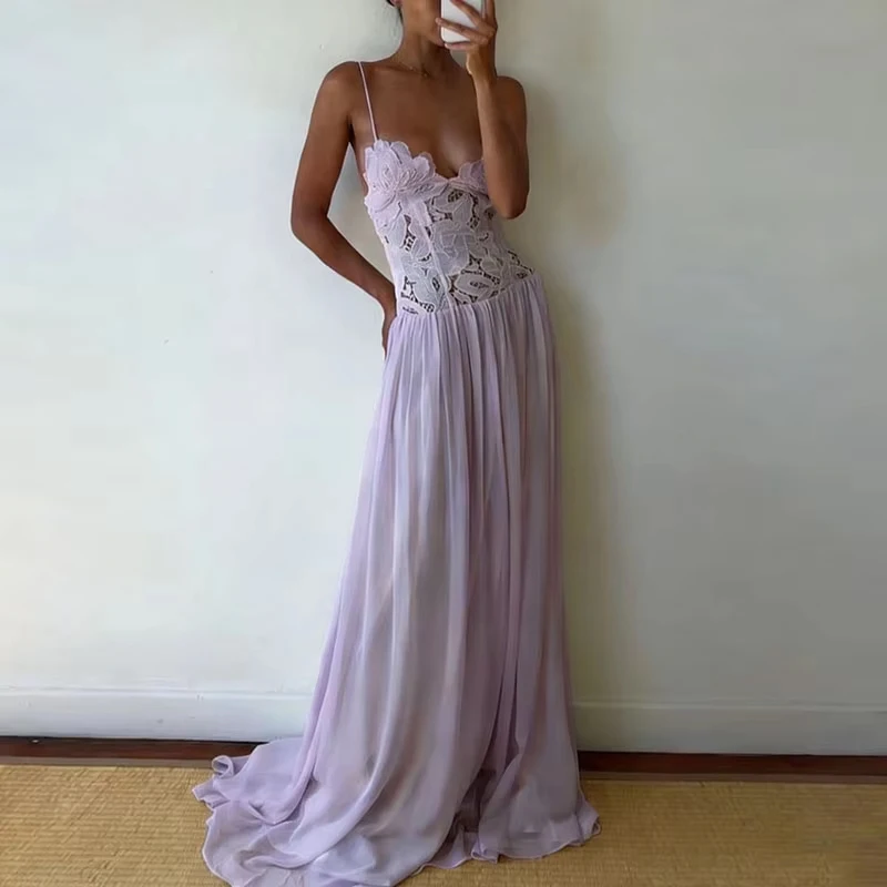 Casual mouwloze effen vakantiejurk, elegante off-shoulder chiffon halterjurk, sexy damesjurk met kant en patchwork, feestjurk met tailleaccent.