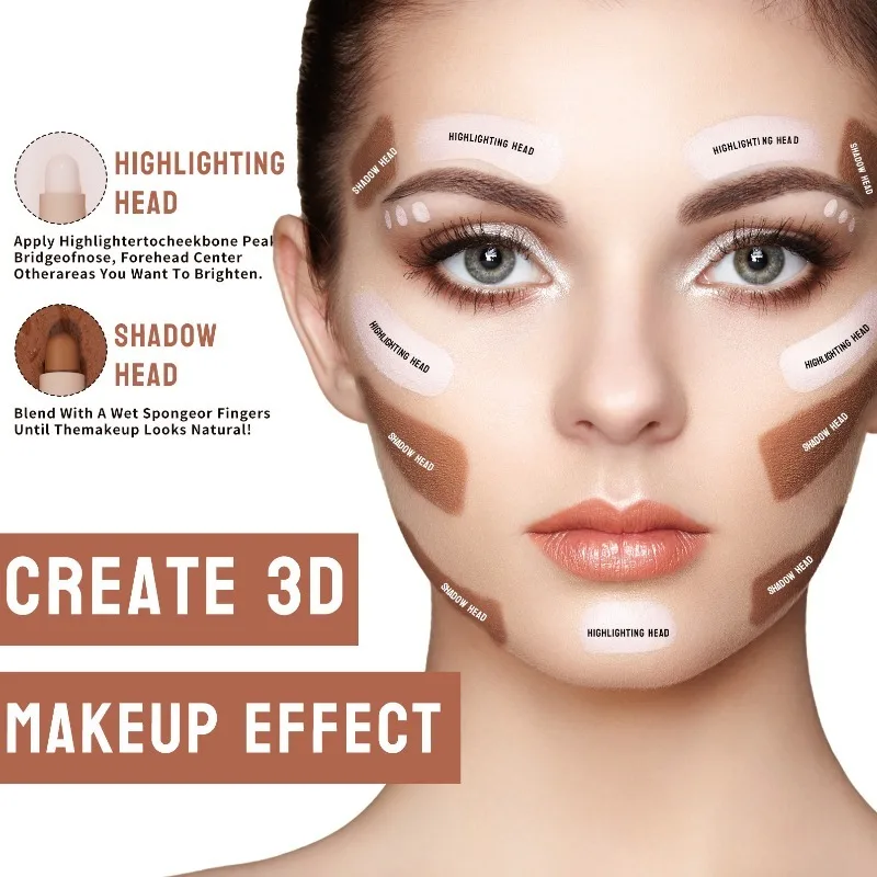 2-in-1 ダブルエンド ハイライターと輪郭スティック、鼻の彫刻と顔の輪郭を整えるため、クリーミーでブレンドしやすいメイクアップペンシル 1 個