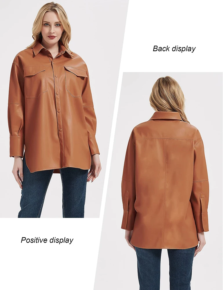 Giolshon Women Motorcycle Faux Leather Shirt Female Blazer Button Down Casual Long Sleeve Jackets PU Casual Spring Outerwear