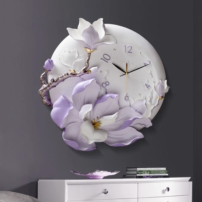 Modern Minimalist Luxury Embossed European Home Peony Wall Clock Ornament Livingroom Silent Clock Mural Craft Wall DecorationArt