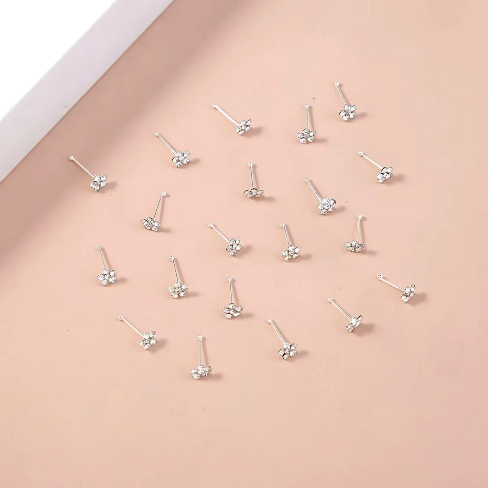 20Pcs/Box Body Nose Piercing Jewelry Nose Rings Silver Needle for Women Colored Crystal Flower Nose Jewelry Wholesale